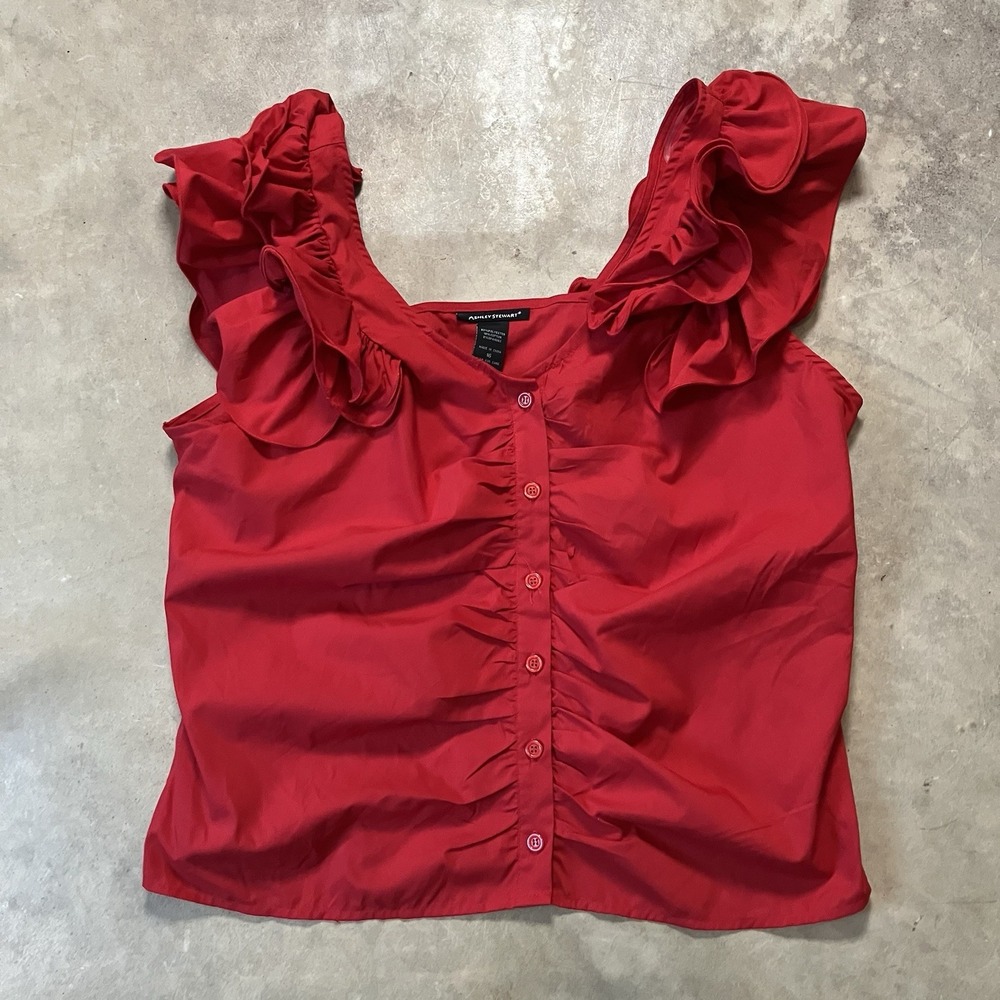 Ashley Stewart Blouse Size 16 Red Ruffle Sleeve Ruched Button Front Plus NWT